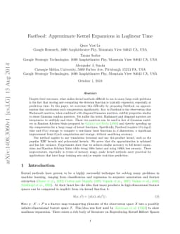 Fastfood: Approximate Kernel Expansions in Loglinear Time
