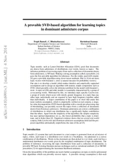 A provable SVD-based algorithm for learning topics in dominant admixture
  corpus