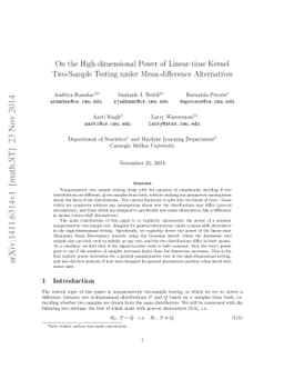 On the High-dimensional Power of Linear-time Kernel Two-Sample Testing
  under Mean-difference Alternatives