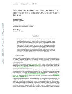 Ensemble of Generative and Discriminative Techniques for Sentiment
  Analysis of Movie Reviews