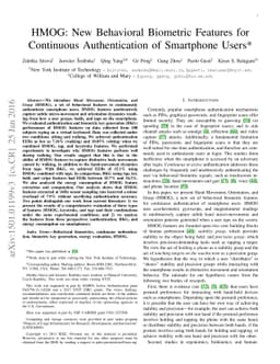HMOG: New Behavioral Biometric Features for Continuous Authentication of
  Smartphone Users