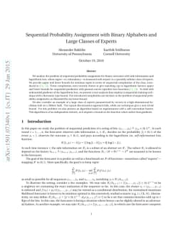 Sequential Probability Assignment with Binary Alphabets and Large
  Classes of Experts