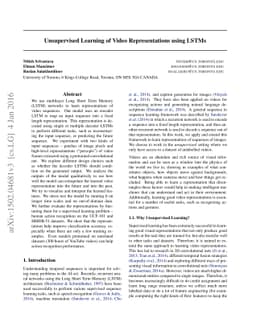 Unsupervised Learning of Video Representations using LSTMs