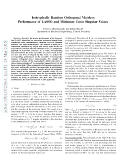 Isotropically Random Orthogonal Matrices: Performance of LASSO and
  Minimum Conic Singular Values