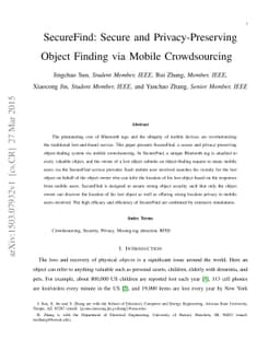 SecureFind: Secure and Privacy-Preserving Object Finding via Mobile
  Crowdsourcing