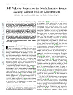 3-D Velocity Regulation for Nonholonomic Source Seeking Without Position
  Measurement