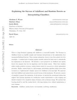 Explaining the Success of AdaBoost and Random Forests as Interpolating
  Classifiers