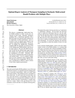 Optimal Regret Analysis of Thompson Sampling in Stochastic Multi-armed
  Bandit Problem with Multiple Plays