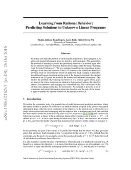 Learning from Rational Behavior: Predicting Solutions to Unknown Linear
  Programs
