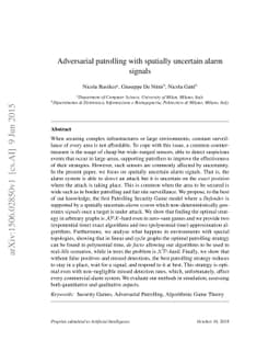 Adversarial patrolling with spatially uncertain alarm signals