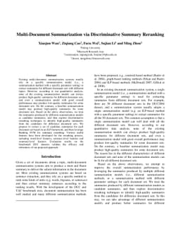 Multi-Document Summarization via Discriminative Summary Reranking