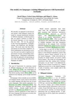 One model, two languages: training bilingual parsers with harmonized
  treebanks
