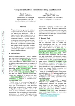 Unsupervised Sentence Simplification Using Deep Semantics
