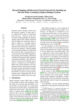 Reward Shaping with Recurrent Neural Networks for Speeding up On-Line
  Policy Learning in Spoken Dialogue Systems