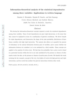 Information-theoretical analysis of the statistical dependencies among
  three variables: Applications to written language