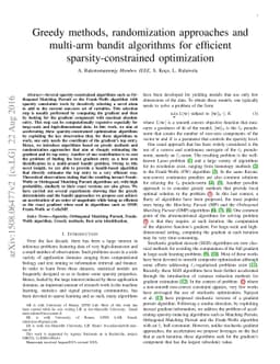 Greedy methods, randomization approaches and multi-arm bandit algorithms
  for efficient sparsity-constrained optimization
