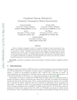 Coordinate Descent Methods for Symmetric Nonnegative Matrix
  Factorization