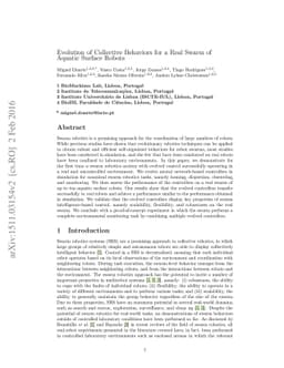 Evolution of Collective Behaviors for a Real Swarm of Aquatic Surface
  Robots