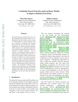 Combining Neural Networks and Log-linear Models to Improve Relation
  Extraction