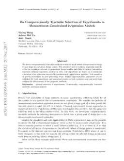 On Computationally Tractable Selection of Experiments in
  Measurement-Constrained Regression Models