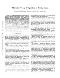 Differential Privacy of Populations in Routing Games