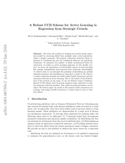 A Robust UCB Scheme for Active Learning in Regression from Strategic
  Crowds