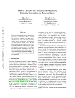 Efficient Character-level Document Classification by Combining
  Convolution and Recurrent Layers