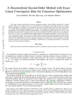 A Decentralized Second-Order Method with Exact Linear Convergence Rate
  for Consensus Optimization