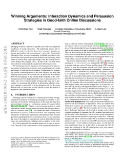 Winning Arguments: Interaction Dynamics and Persuasion Strategies in
  Good-faith Online Discussions