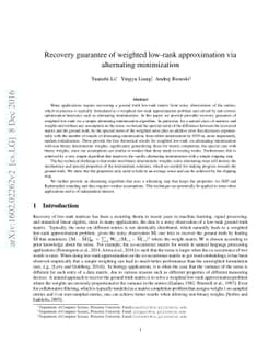 Recovery guarantee of weighted low-rank approximation via alternating
  minimization