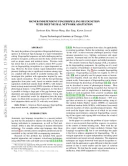 Signer-independent Fingerspelling Recognition with Deep Neural Network
  Adaptation