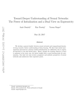 Toward Deeper Understanding of Neural Networks: The Power of
  Initialization and a Dual View on Expressivity