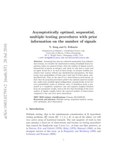 Asymptotically optimal, sequential, multiple testing procedures with
  prior information on the number of signals