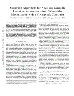 Streaming Algorithms for News and Scientific Literature Recommendation:
  Submodular Maximization with a d-Knapsack Constraint