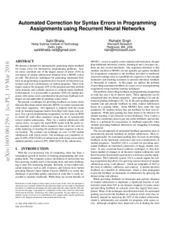 Automated Correction for Syntax Errors in Programming Assignments using
  Recurrent Neural Networks