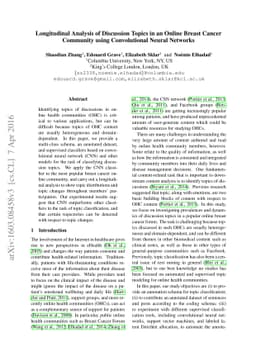 Longitudinal Analysis of Discussion Topics in an Online Breast Cancer
  Community using Convolutional Neural Networks
