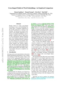 Cross-lingual Models of Word Embeddings: An Empirical Comparison