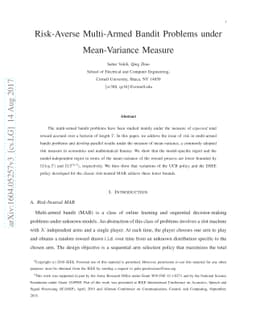 Risk-Averse Multi-Armed Bandit Problems under Mean-Variance Measure