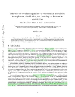Inference on covariance operators via concentration inequalities:
  k-sample tests, classification, and clustering via Rademacher complexities