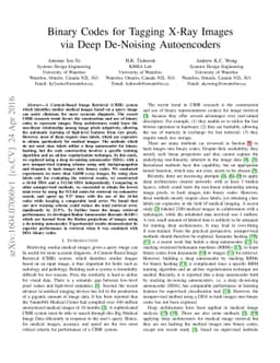 Binary Codes for Tagging X-Ray Images via Deep De-Noising Autoencoders