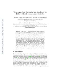 Semi-supervised Dictionary Learning Based on Hilbert-Schmidt
  Independence Criterion