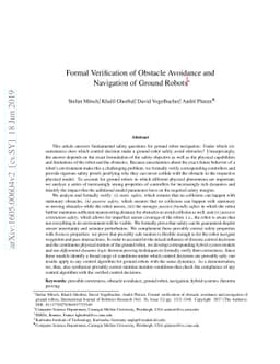 Formal Verification of Obstacle Avoidance and Navigation of Ground
  Robots