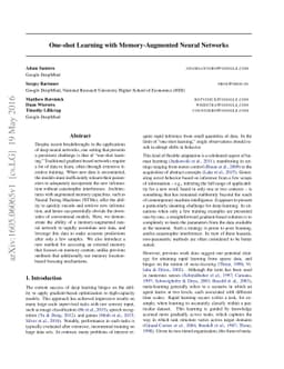 One-shot Learning with Memory-Augmented Neural Networks