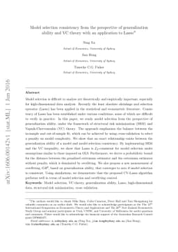 Model selection consistency from the perspective of generalization
  ability and VC theory with an application to Lasso