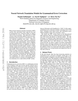 Neural Network Translation Models for Grammatical Error Correction