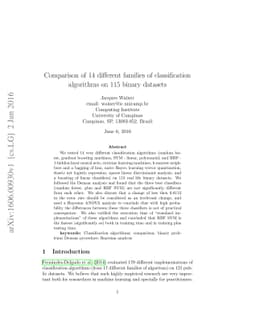 Comparison of 14 different families of classification algorithms on 115
  binary datasets