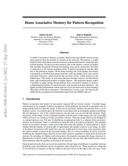 Dense Associative Memory for Pattern Recognition