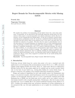 Regret Bounds for Non-decomposable Metrics with Missing Labels