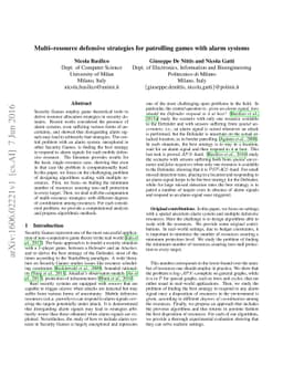 Multi-resource defensive strategies for patrolling games with alarm
  systems