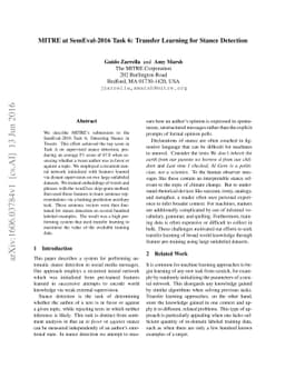 MITRE at SemEval-2016 Task 6: Transfer Learning for Stance Detection